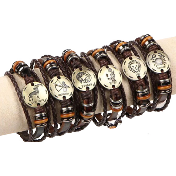 12 Constellation Zodiac Charm Leather Bracelet Hand Made Men Women Unisex Bangle - Picture 3 of 10